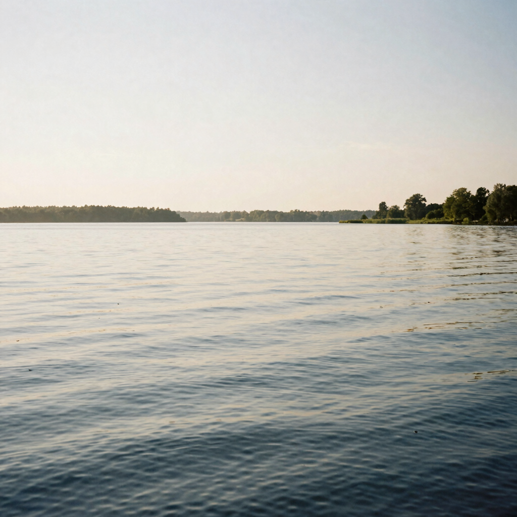 A calm lake at sunrise with trees along the shore